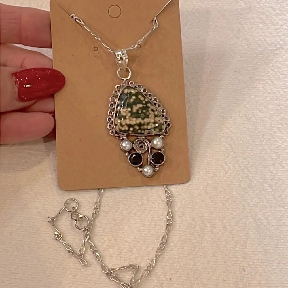 Sterling silver real pearls natural stone Large pendant unique link chain